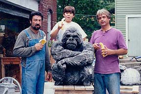 Wayne Ferree, son Shane Ferree, and Marvin Labor with Gorilla sculpture
